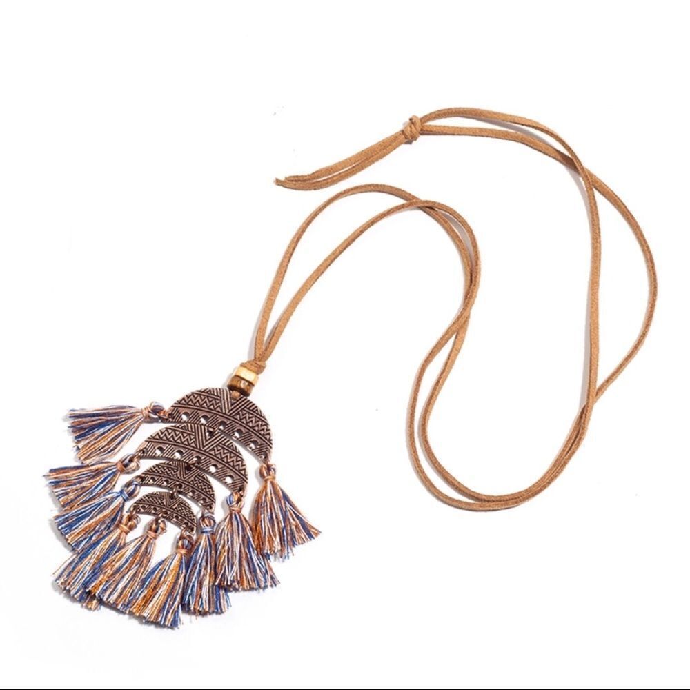 Nordic Design Copper Blue Multi Boho Tassel Necklace NWT